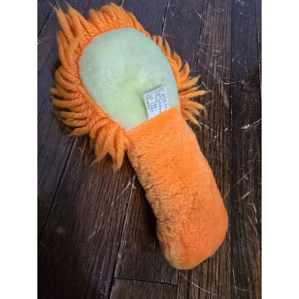 Vintage 1970s Stahlwood Toy Orange Lion Baby Rattle Plush